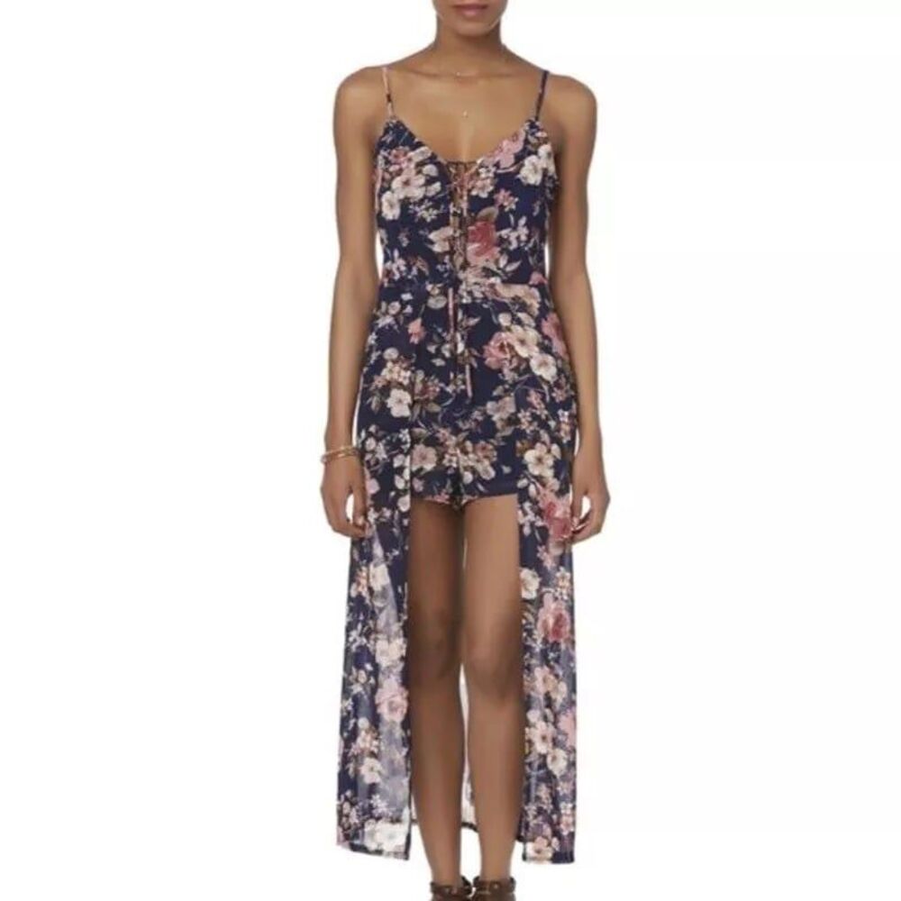 Emerald Sundae Sleeveless Lace Up Floral Print Lined Skirted Romper Sz M # 81